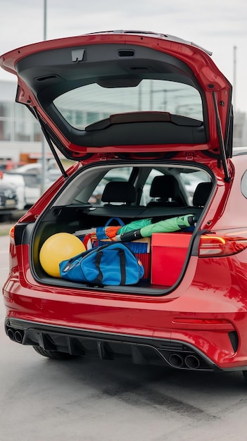 Photo stylish and bright family universal car of red color car trunk open trunk seat of the second row