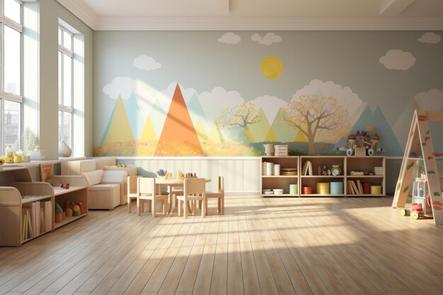 Stylish bright interior of a modern playroom in a kindergarten Large free bright playroom for children