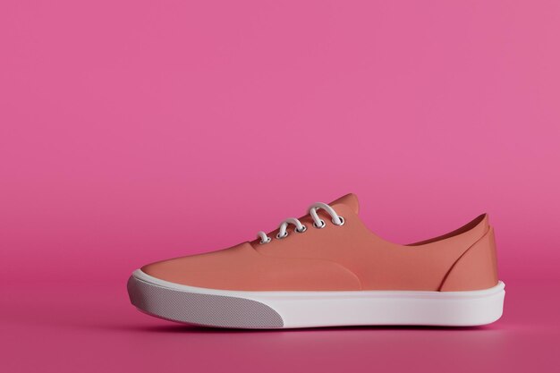 Stylish brown sneakers with laces on a pink background 3D render