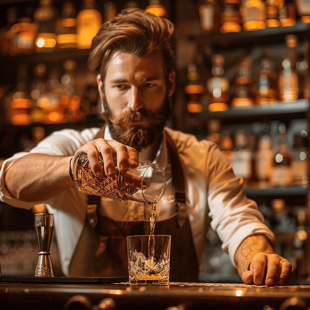 Photo stylish brutal barman in a shirt and apron makes a cocktail at bar counter background