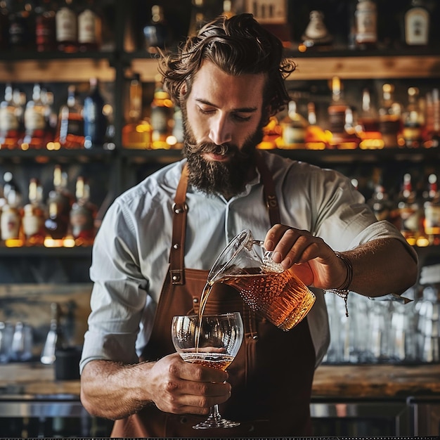 Photo stylish brutal barman in a shirt and apron makes a cocktail at bar counter background