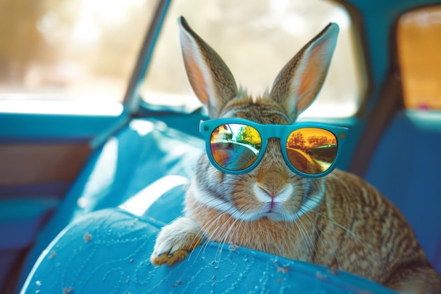 Photo stylish bunny in sunglasses seated in a car interior