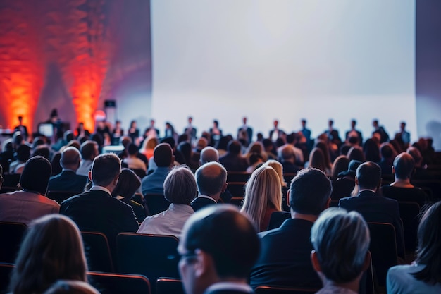 Stylish business event panel discussion stage audience dark background