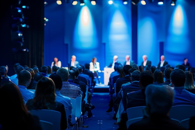 Stylish business event panel discussion stage audience dark background