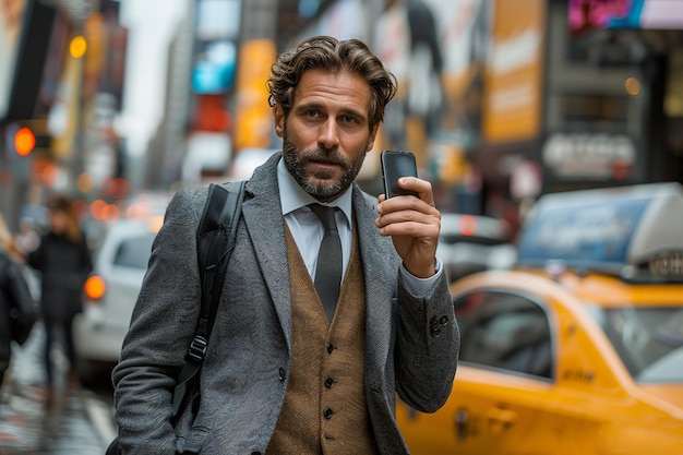 Photo stylish businessman in a coat using a smartphone on a busy new york city street with taxis