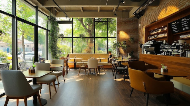 Photo stylish cafe with modern furniture natural decor your chic coffee escape