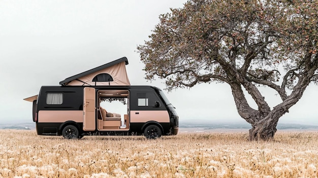 Photo stylish camper van in serene landscape