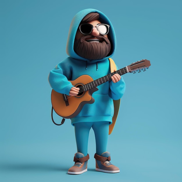 Stylish Cartoon Guitarist with Sunglasses and Blue Hoodie Enjoying Music Moment