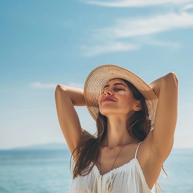 Stylish casual woman enjoying sun at tropical beach