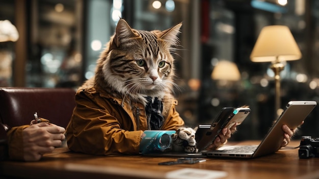 A stylish cat shopping online using a smartphone and a credit card