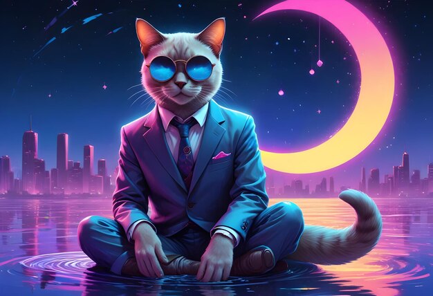 A stylish cat wearing a suit and sunglasses sits in a meditative pose on the surface of water The background shows a cityscape and a crescent moon