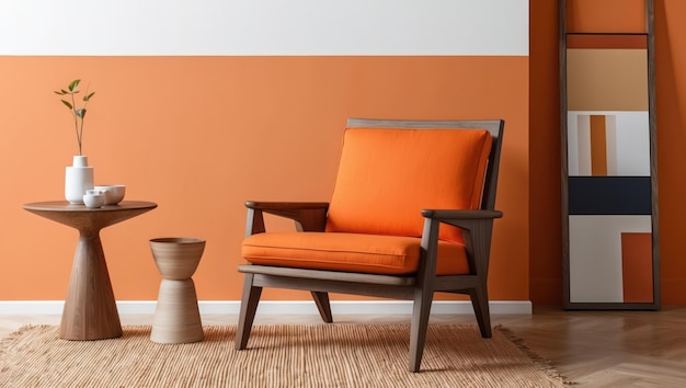 Photo stylish chair in a cozy setting with vibrant orange wall and greenery