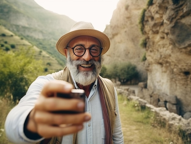 Stylish and cheerful elderly gentleman with a beard capturing stunning moments in a picturesque nat