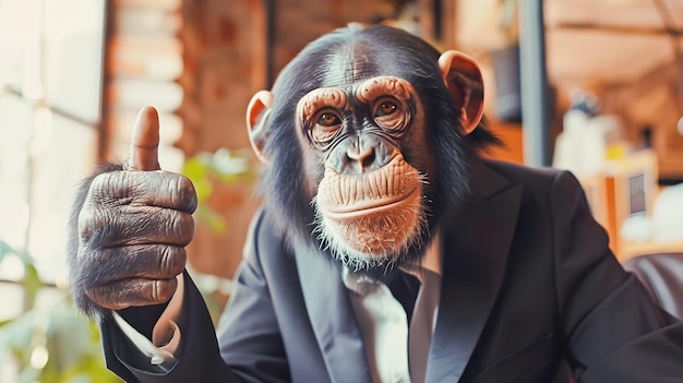 Stylish Chimp Monkey Businessman Giving Thumbs Up in the Office Environment Anthropomorphic Animal Boss in a Classic Suit Posing with Approval Gesture