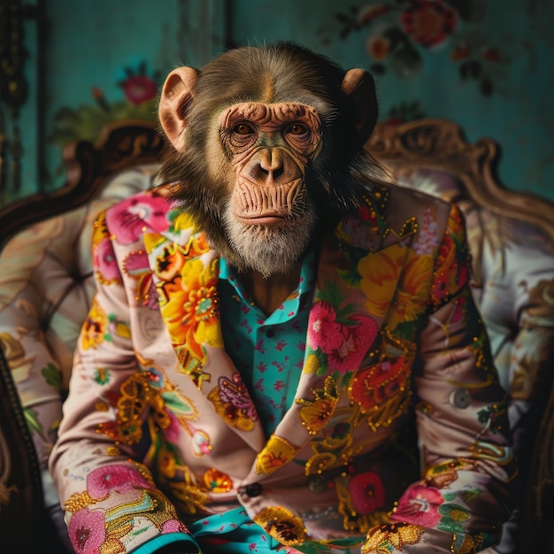 Stylish chimpanzee in a colorful suit posing for a portrait