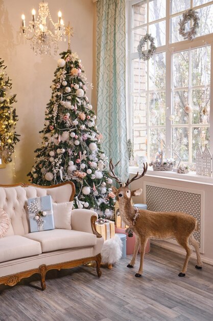 Stylish Christmas interior with an elegant sofa.