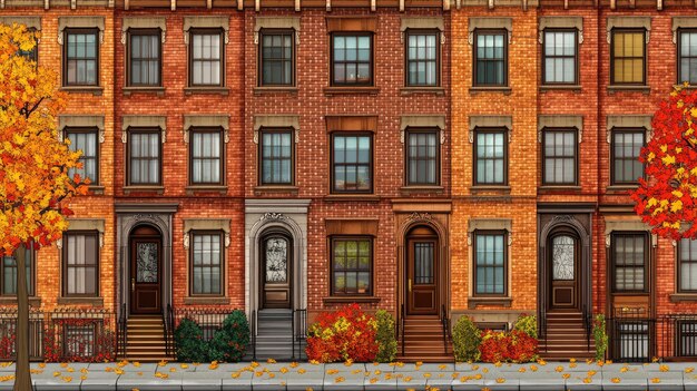 Photo stylish city brownstone tall windows stone steps autumn leaves on the sidewalk