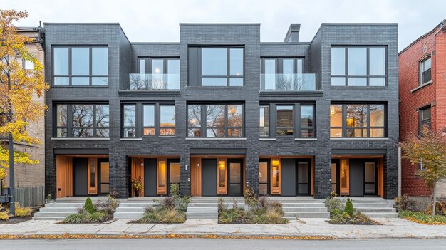 Photo stylish city townhouse black brick large front windows treelined street autumn leaves