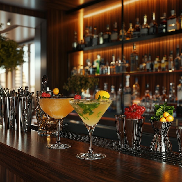 A stylish cocktail bar with a selection of drinks and garnishes