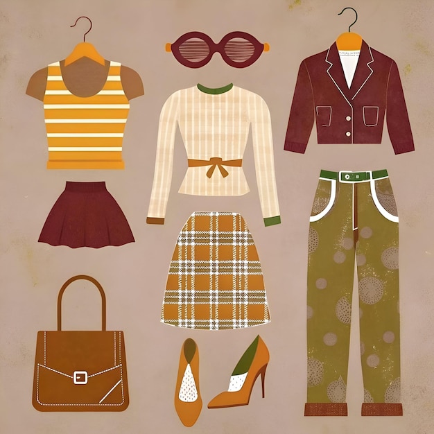 Photo a stylish and colorful illustration depicting a fashionable outfit with various clothing items including a plaid skirt a striped top a blazer and a pair of shoes