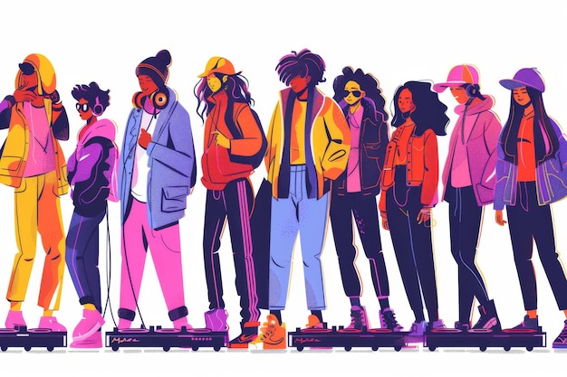 Photo stylish colorful illustration of a diverse group of young people highlighting fashion individuality