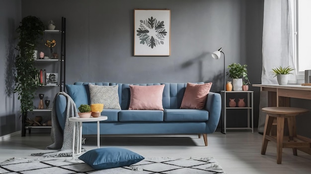 Stylish colorful pillows in room on grey wall dark bluepinkblue cushions on the floor