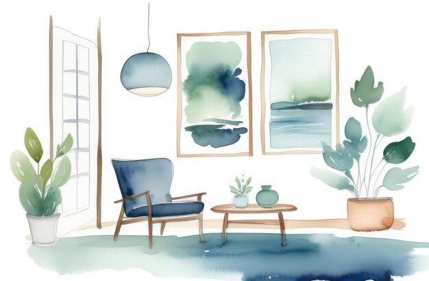 Photo stylish comfortable home interior cozy living space with trendy decor watercolor illustration