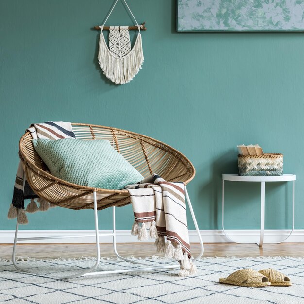 Stylish composition of creative and cozy living room interior with coffee table, rattan armchair, plants, carpet and beautiful boho accessories. Eucalyptus walls and parquet floor.