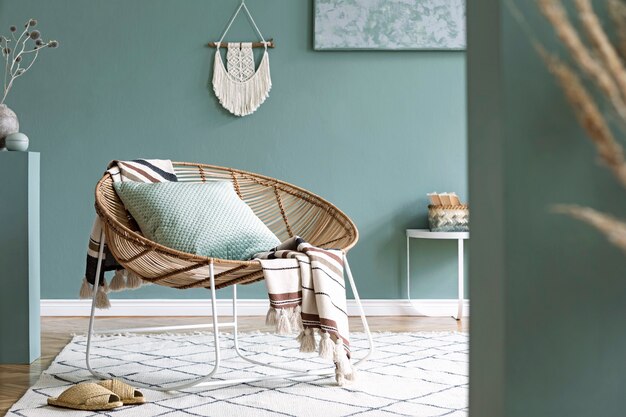 Stylish composition of creative and cozy living room interior with coffee table, rattan armchair, plants, carpet and beautiful boho accessories.