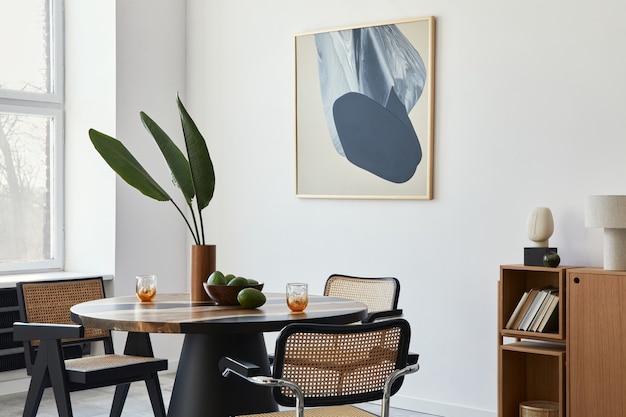 Stylish composition of dining room interior with design table, modern chairs, decoration, tropical leaf in vase, fruits, bookcase, abstract paintings and elegant accessories in home decor.