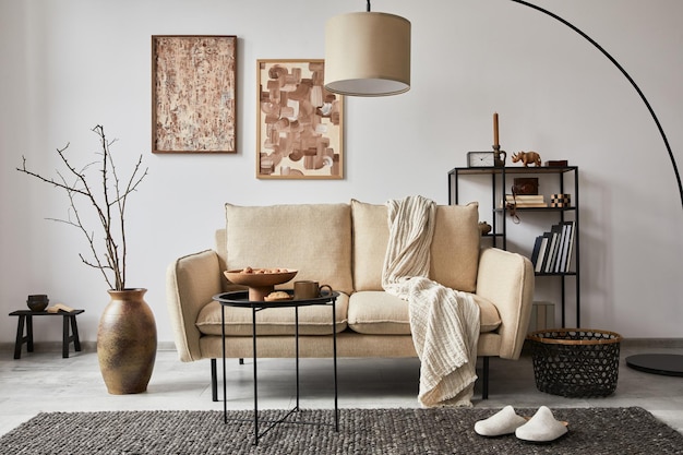 Stylish composition of elegant living room interior design with mock up poster frames, metal and wooden shelf, sofa, vintage vases and personal accessories. White wall. Copy space. Template.