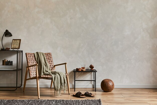 Stylish composition of elegant masculine living room interior with copy space, brown armchair, industrial shelfs and personal accessories. Template.