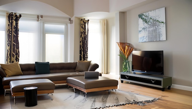 The stylish composition of the living room interior with a design sofa coffee table