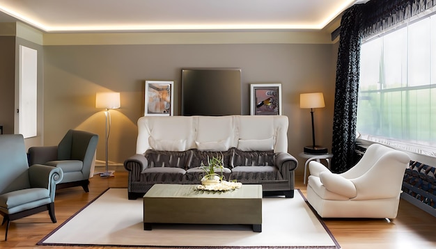 The stylish composition of the living room interior with a design sofa coffee table