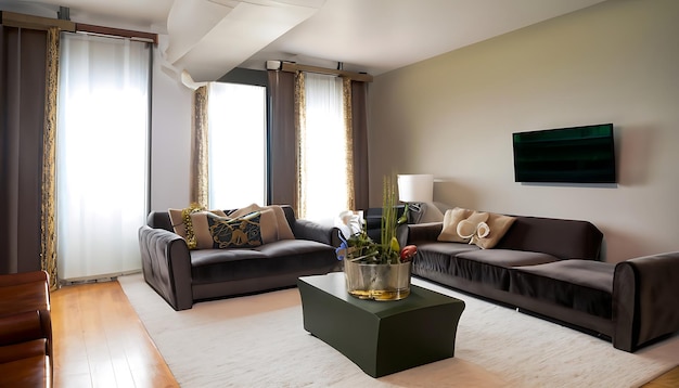 The stylish composition of the living room interior with a design sofa coffee table