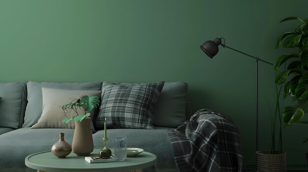 The stylish composition at living room interior with green wall design gray sofa cof Generative AI