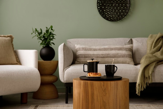 Stylish composition of living room interior with green wall grey sofa with grey pillow White armchair with patterned pilow wooden coffe table with accessories Black vase with flower Template