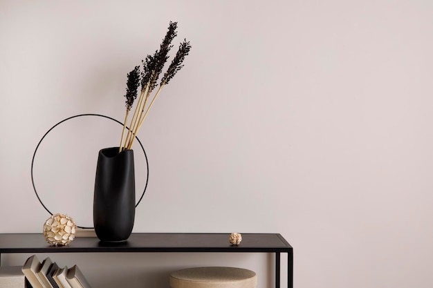 Photo the stylish composition of minimalistic interior with copy space black commode vase with dried flowers round ornament and personal accessories beige wall home decor template