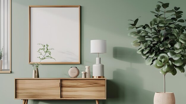 Stylish composition of modern living room interior Mock up poster frame wooden eucal Generative AI