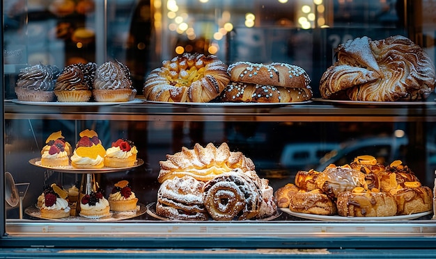 Photo stylish composition of a pastry shop window