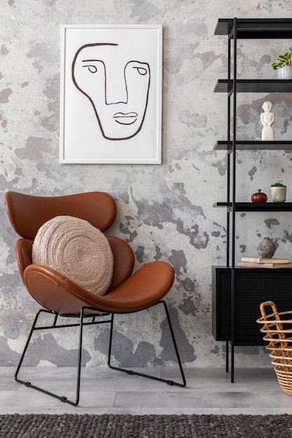 The stylish composition of wabi sabi interior with mock up poster black rack brown armchair with pillow and personal accesoories Grey concrete wall Home decor Template