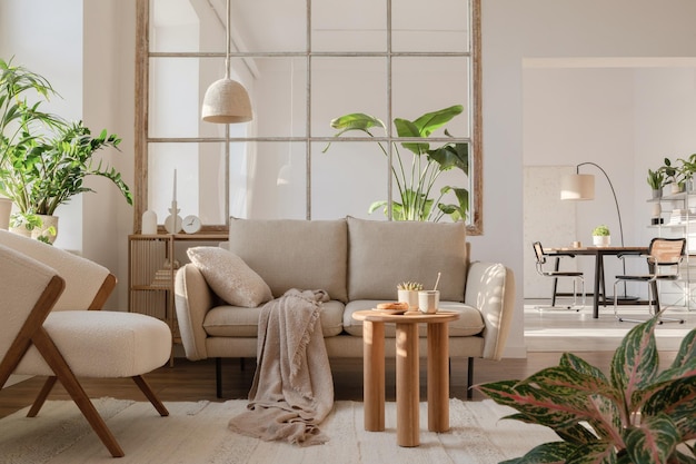 Stylish compositon of modern living room interior with frotte armchair sofa plants wooden commode side table and elegant home accessories Home staging Template Copy space