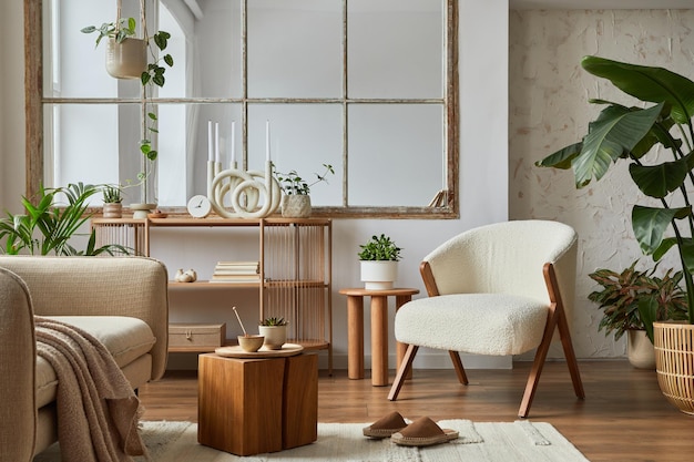 Stylish compositon of modern living room interior with frotte armchair sofa plants wooden commode side table and elegant home accessories Home staging Template Copy space