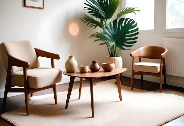 Stylish concept of living room interior with small walnut table design chairs tropical leaf in beige