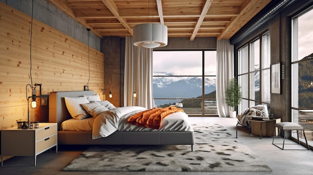 Stylish contemporary loft bedroom with garden access The rooms contain concrete tile flooring a wood plank ceiling light gray cloth furniture Generative AI