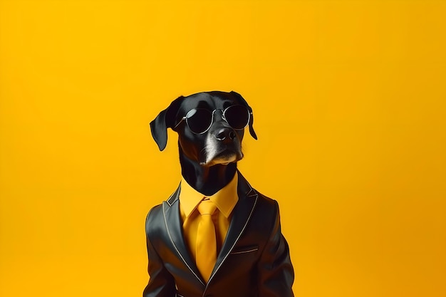 Stylish cool dog in a black business jacket suit and black glasses as a successful businessman Minimal creative concept of business fashion and success Generative AI