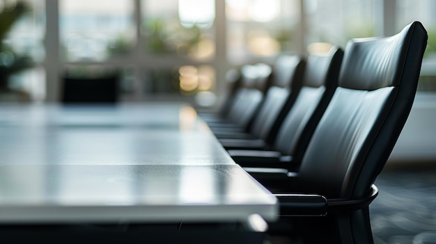 Stylish corporate meeting space with rows black chairs facing modern table highend office interior