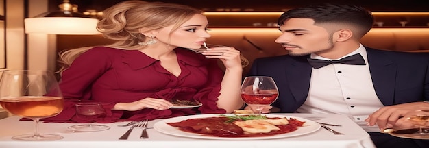 A stylish couple enjoying a romantic dinner in a chic restaurant dressed in the latest fashion