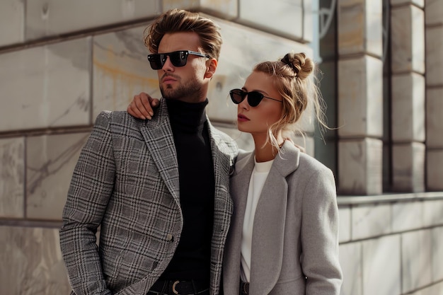 Stylish couple in urban fashion posing outdoors