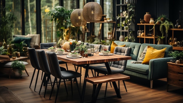 Stylish And Cozy Interior Of Dining Room With Design Craft Wooden Table Chairs Plants Velvet Sofa